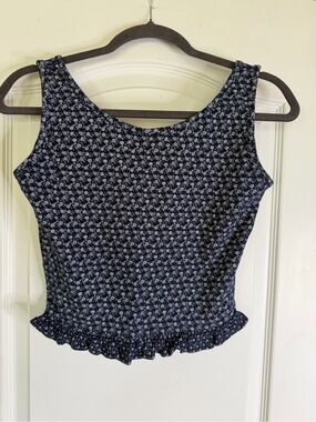 Perry Ellis America 90’s Vintage Navy Floral Ruffle-Hem Crop Top Size S